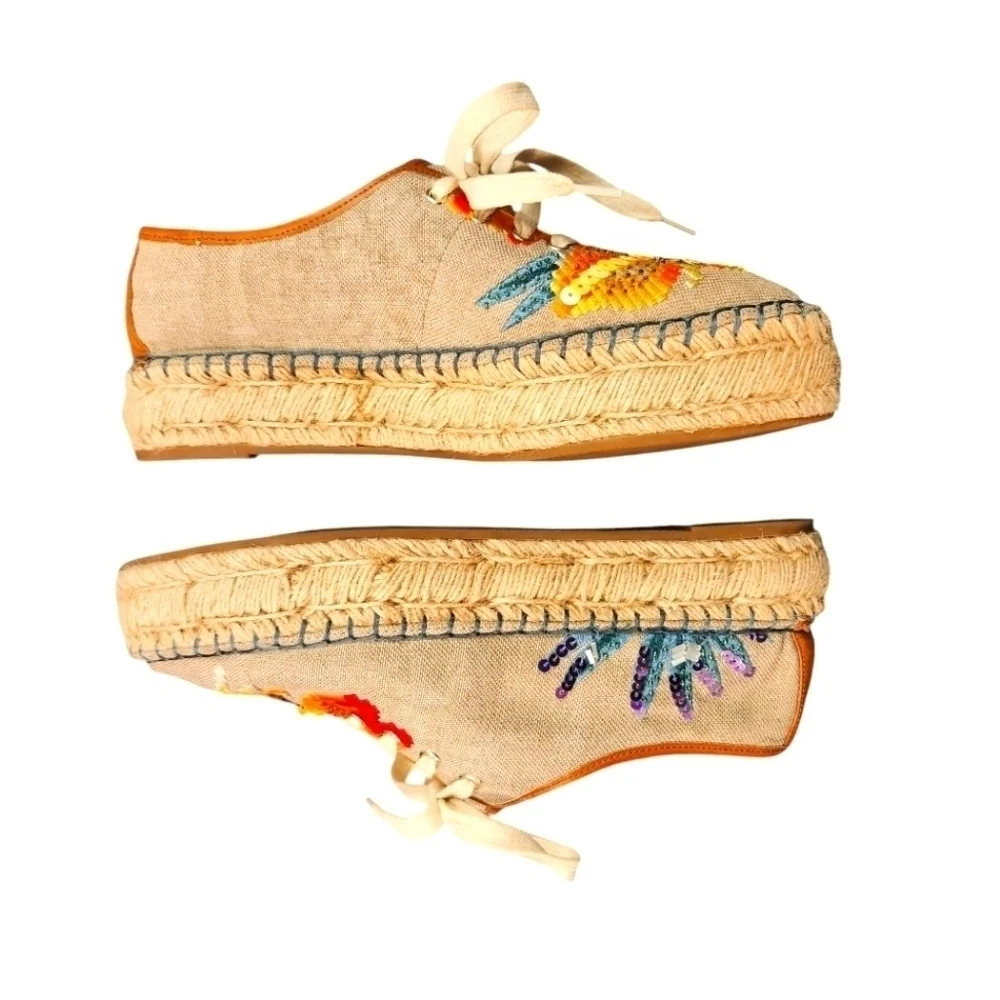 NINE WEST NATURAL GUINUP SNEAKER SEQUIN BOHO ESPADRILLE LACE UP SIZE 7